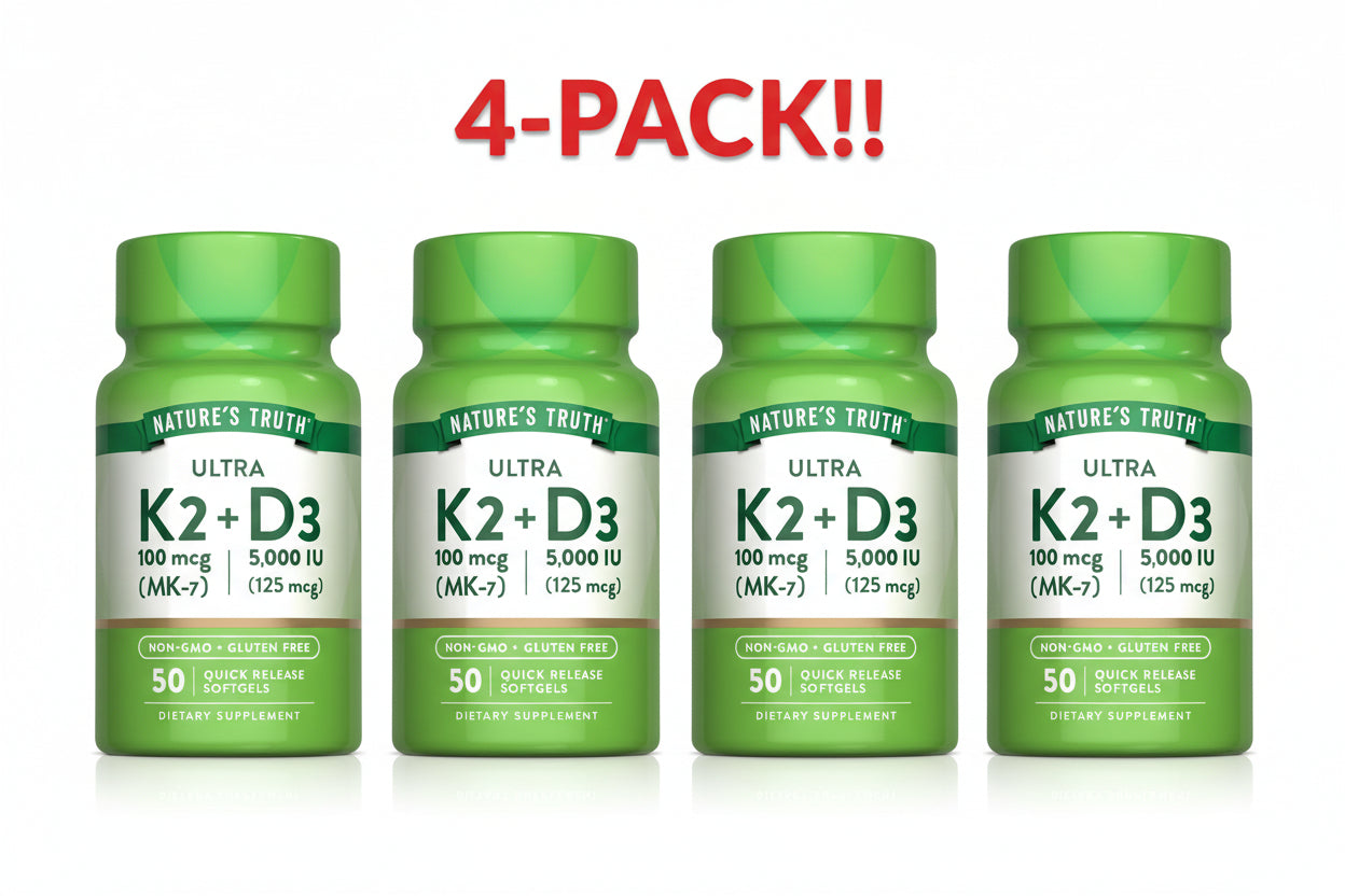 Four bottles of Nature's Truth Ultra K2+D3 dietary supplements on a white background with '4-Pack!!' text.