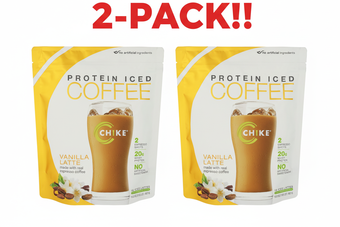 Two packages of CHIKE Protein Iced Coffee Vanilla Latte on a white background with '2-Pack!!' text above.
