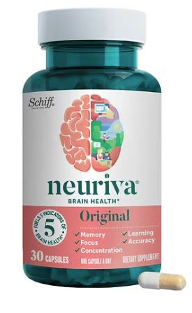 Neuriva brain health supplement bottle with a white cap on a white background