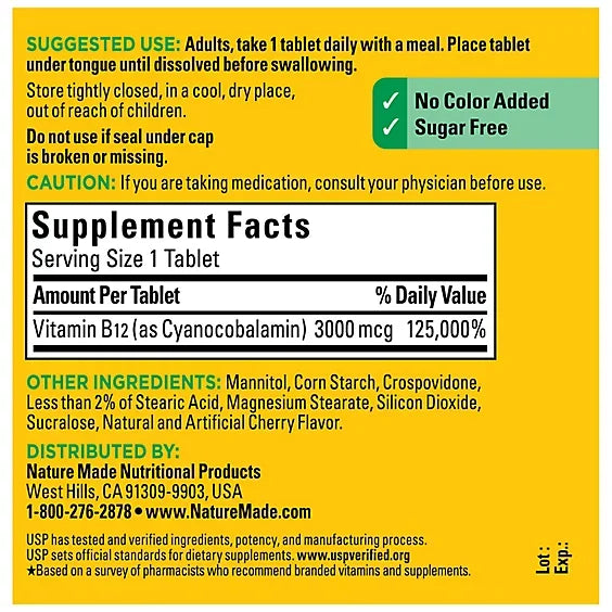 Nature Made Dietary Supplement Micro-Lozenges Vitamin B-12 Sublingual 3000 mcg Cherry - 40 Count Nature Made Dietary Supplement Micro-Lozenges Vitamin B-12 Sublingual 3000 mcg Cherry - 40 Count