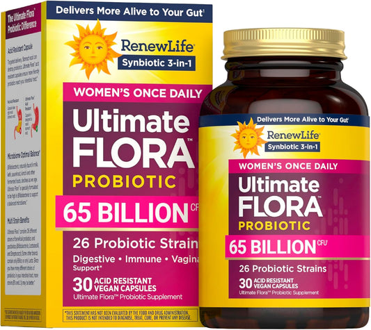 RenewLife Ultimate Flora probiotic packaging with bottle and box on a white background