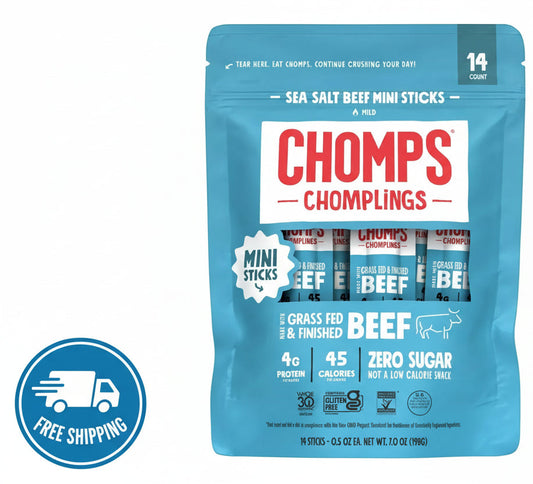Package of Chomps Chomplings Sea Salt Beef Mini Sticks on a white background