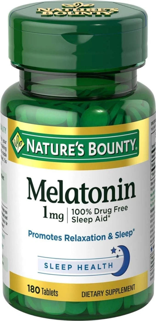 Nature's Bounty Melatonin supplement bottle with green cap and label.