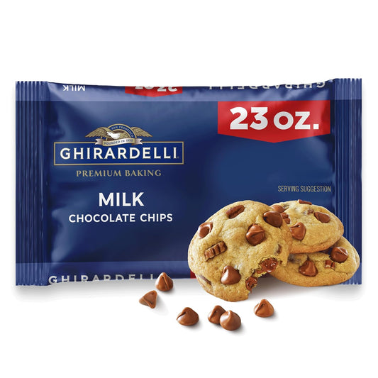 Ghirardelli milk chocolate chips packaging with cookies and chips on a white background