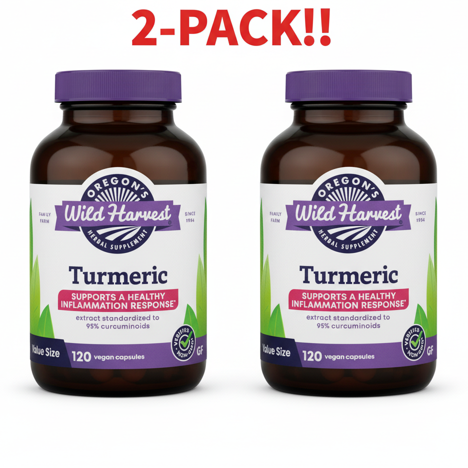 Two bottles of Oregon's Wild Harvest Turmeric supplement on a white background