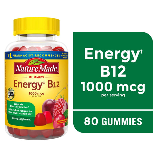Nature Made Energy B12 gummies packaging with a green label indicating 80 gummies and 1000 mcg per serving.