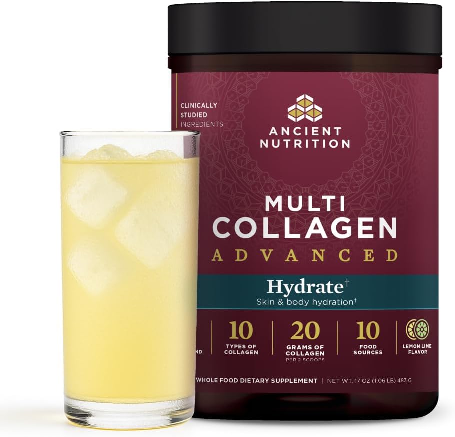 Ancient Nutrition Multi Collagen Advanced supplement jar with a glass of lemonade on a white background