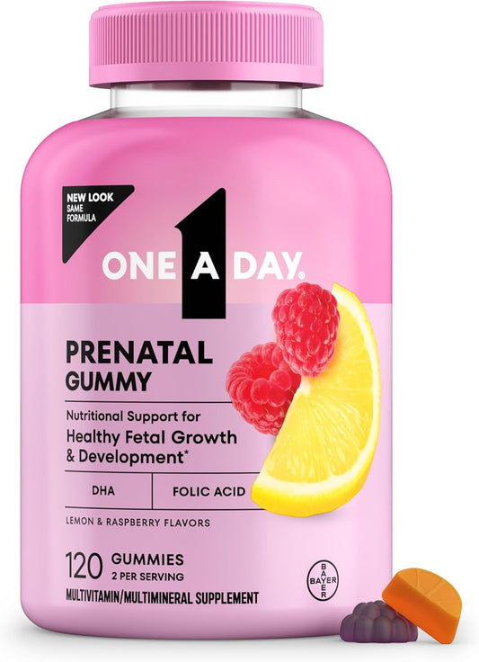 One A Day prenatal gummy supplement bottle with pink lid and lemon and raspberry illustration on a white background