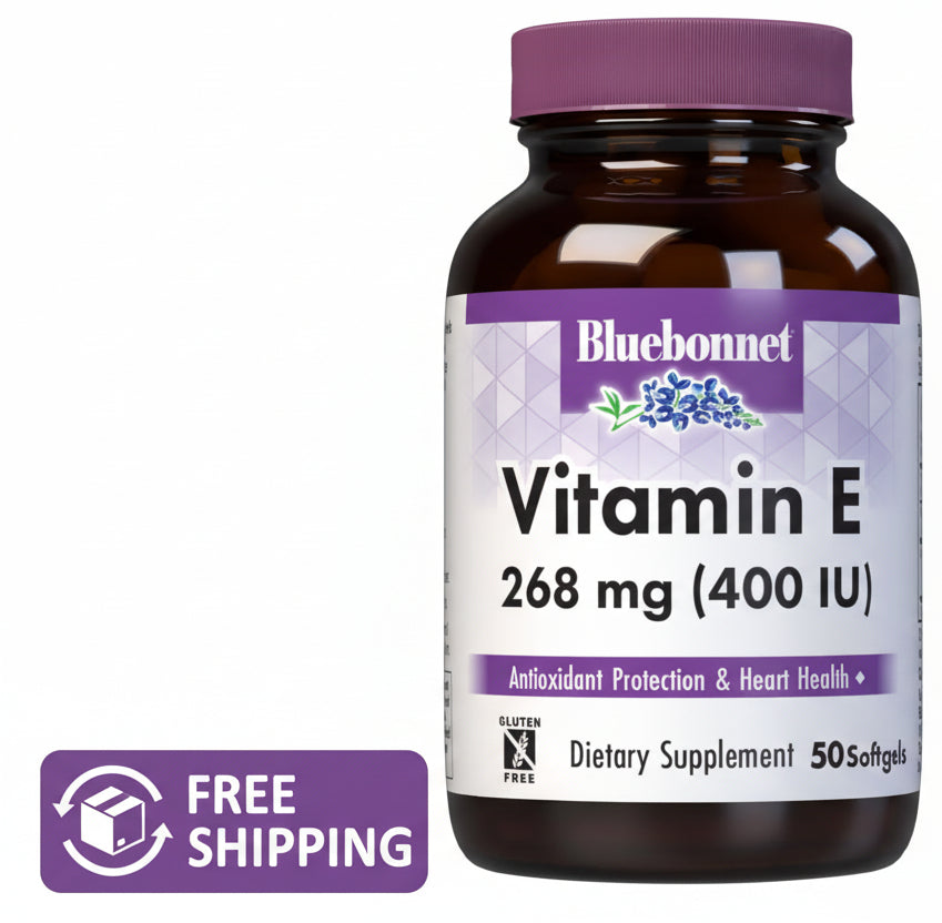 Bluebonnet Vitamin E supplement bottle with purple cap and label.