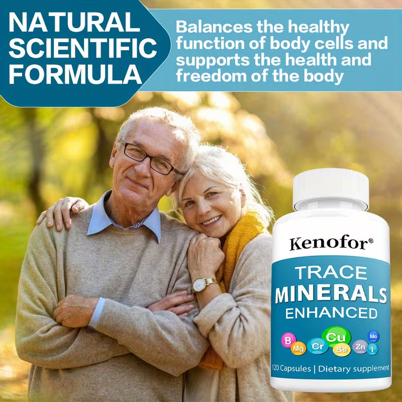 Couple embracing outdoors with a bottle of Kenofor Trace Minerals Enhanced supplement.