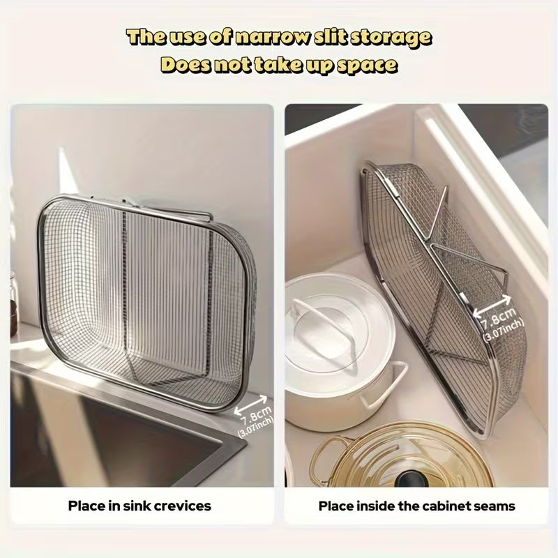 Metal mesh storage solution for kitchen cabinets and sink crevices.