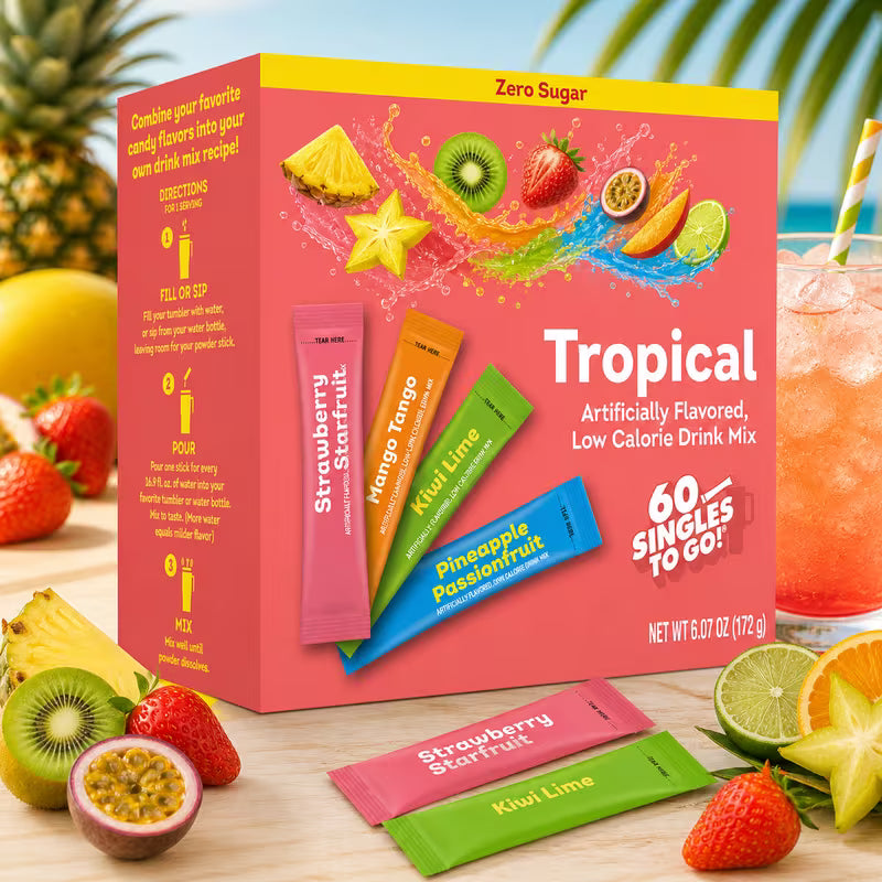 Tropical drink mix packaging with colorful packets and fruit-themed design.