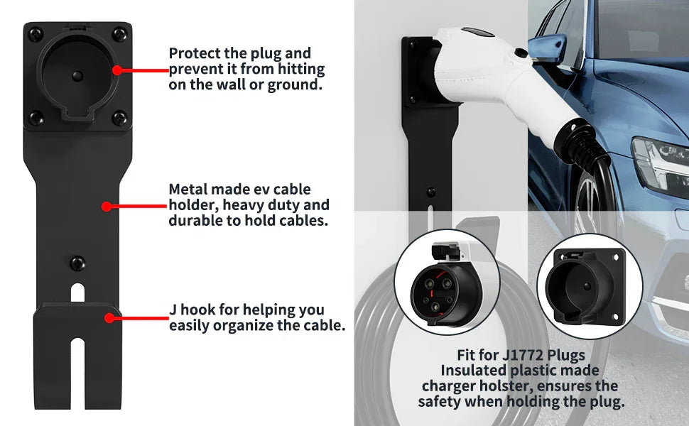 EV Charger Holder Wall Mount Kit EV Charger Holster Dock for SAE J1772 Connector J-Hook EV Charger Cable Holder EV Charging Box Peaceful Pleasures Health and Wellness