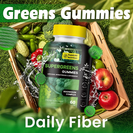 Supergreens gummies with a wooden crate of vegetables on a grassy background