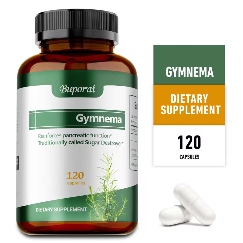 Buporai Gymnema dietary supplement bottle with capsules on a white background
