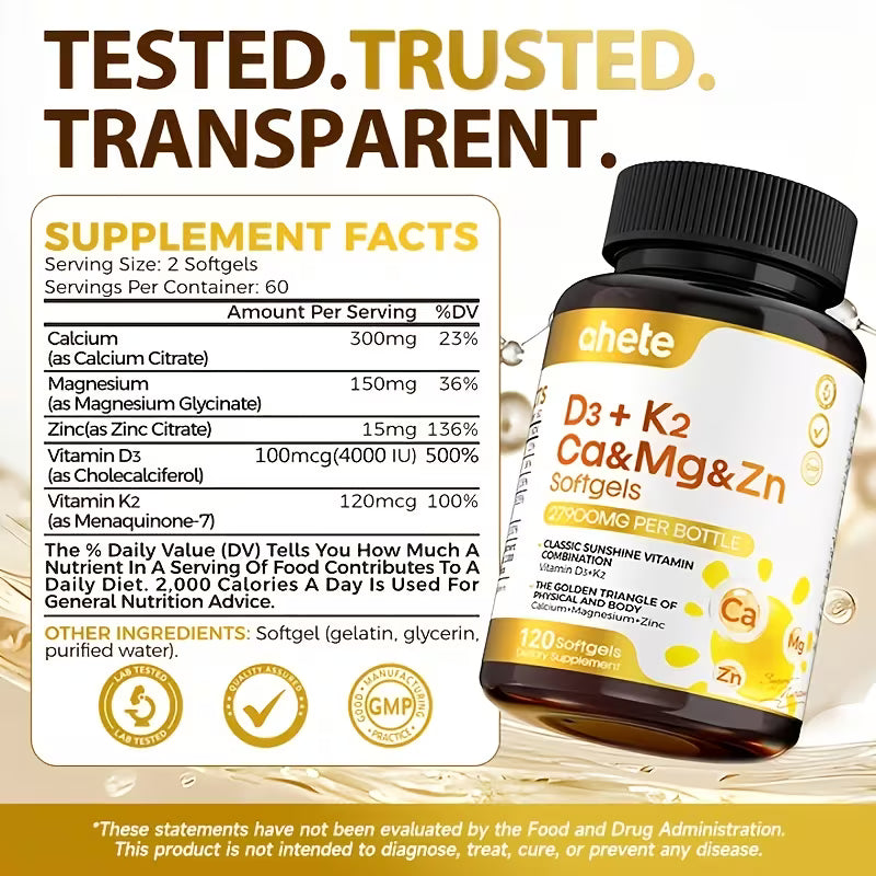 AHETE D3+K2 Softgels | 2-Pack | D3, K2, Calcium, Magnesium, Zinc Peaceful Pleasures