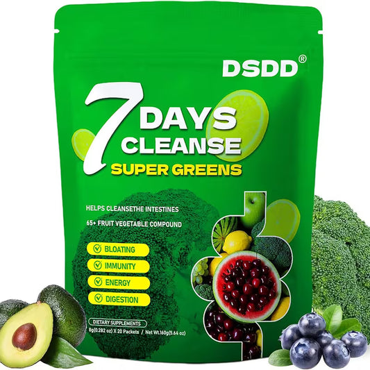 Green package of DSDD 7 Days Cleanse Super Greens with health benefits listed, surrounded by fruits and vegetables on a white background.