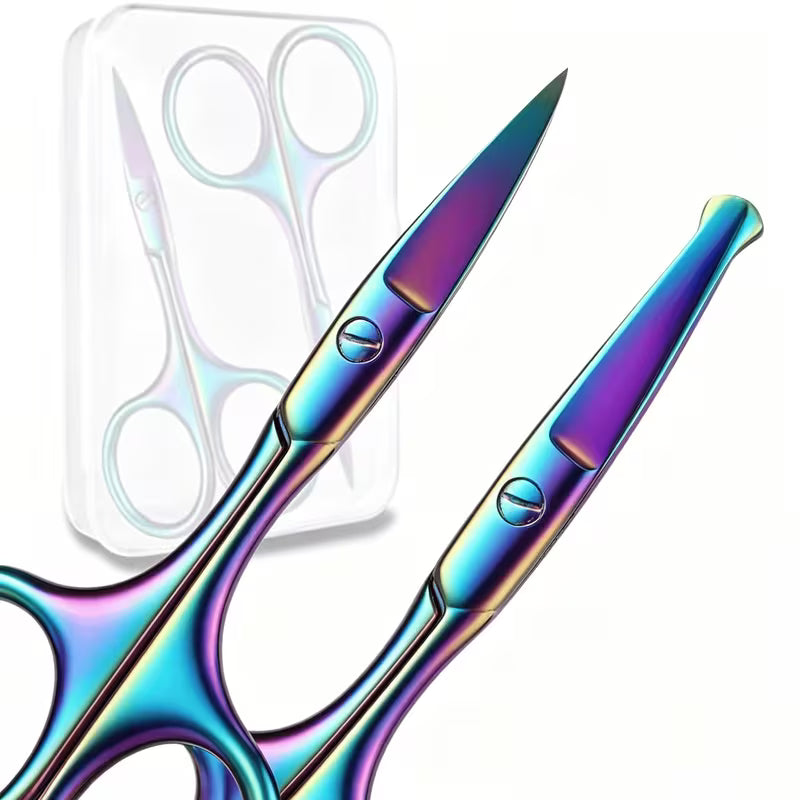 Multicolored scissors with a clear case on a white background