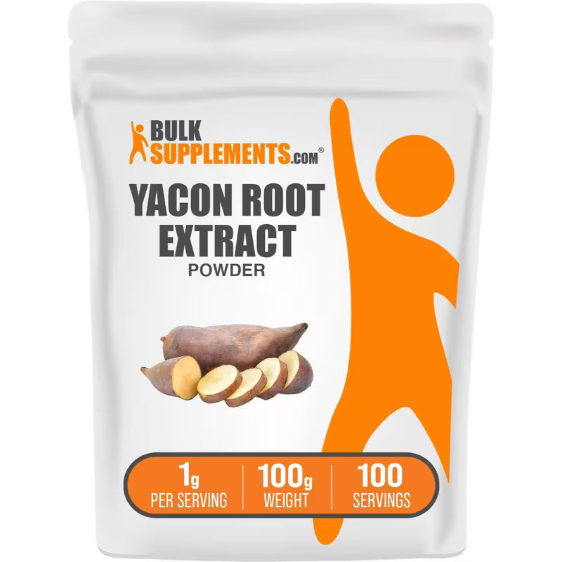 Package of Bulk Supplements Yacon Root Extract Powder with branding and product details.
