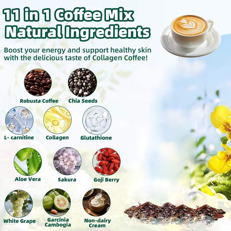 20X Collagen Chia Coffee Powder 11-in-1 Instant Drink Mix Peaceful Pleasures