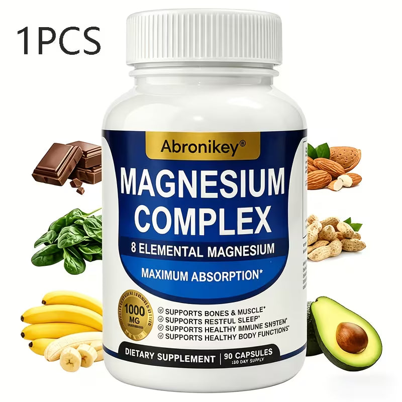 Bottle of Abronikey Magnesium Complex supplement with health benefits listed, surrounded by images of chocolate, spinach, nuts, bananas, and avocado.