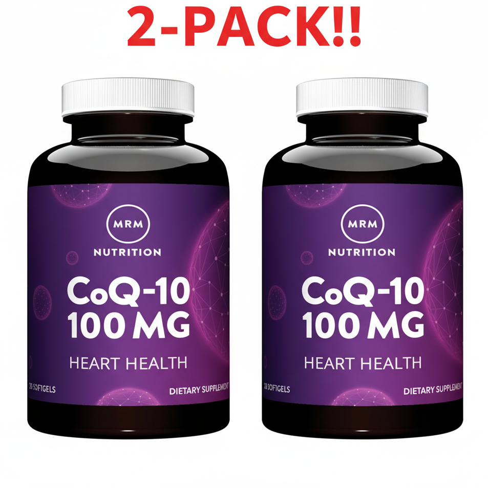 Supplement bottle labeled 'CoQ-10 100 MG' by MRM Nutrition on a white background