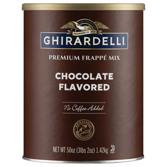 Ghirardelli chocolate frappe mix can on a white background
