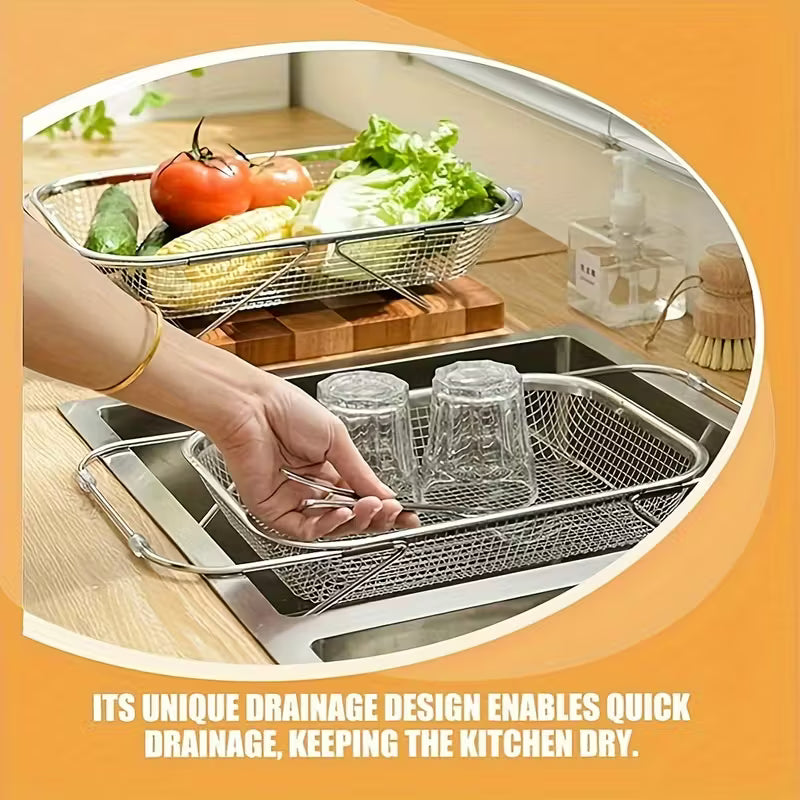 Hand holding a metal kitchen rack with text about its drainage design on an orange background