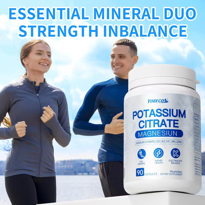 Two people running outdoors with a supplement bottle labeled 'Potassium Citrate Magnesium' in the foreground.
