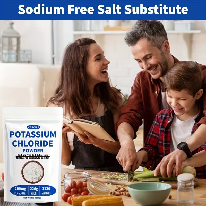 Family in a kitchen with a package of sodium-free salt substitute.