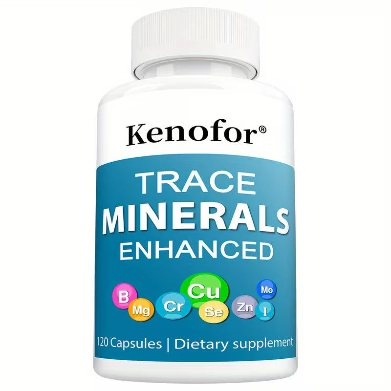 Kenofor trace minerals enhanced dietary supplement bottle on a white background