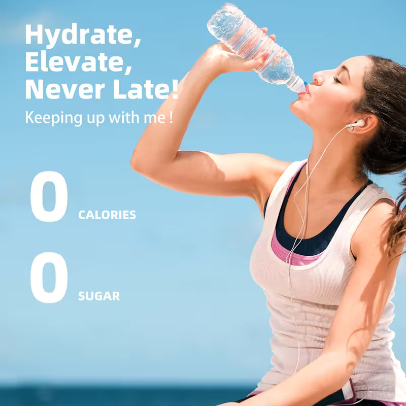 Woman drinking water with promotional text about hydration and health benefits on a blue background