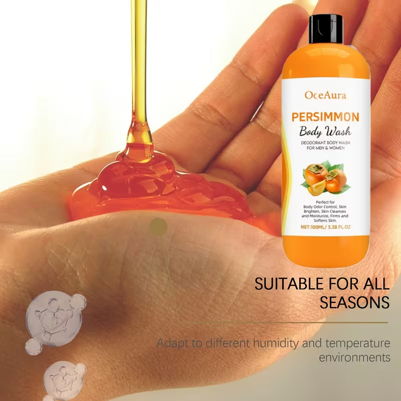 OceAura Persimmon Body Wash bottle with honey being poured onto skin, suitable for all seasons.