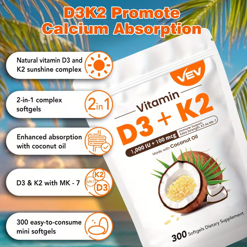 Vitamin D3 + K2 supplement package with promotional text about calcium absorption.