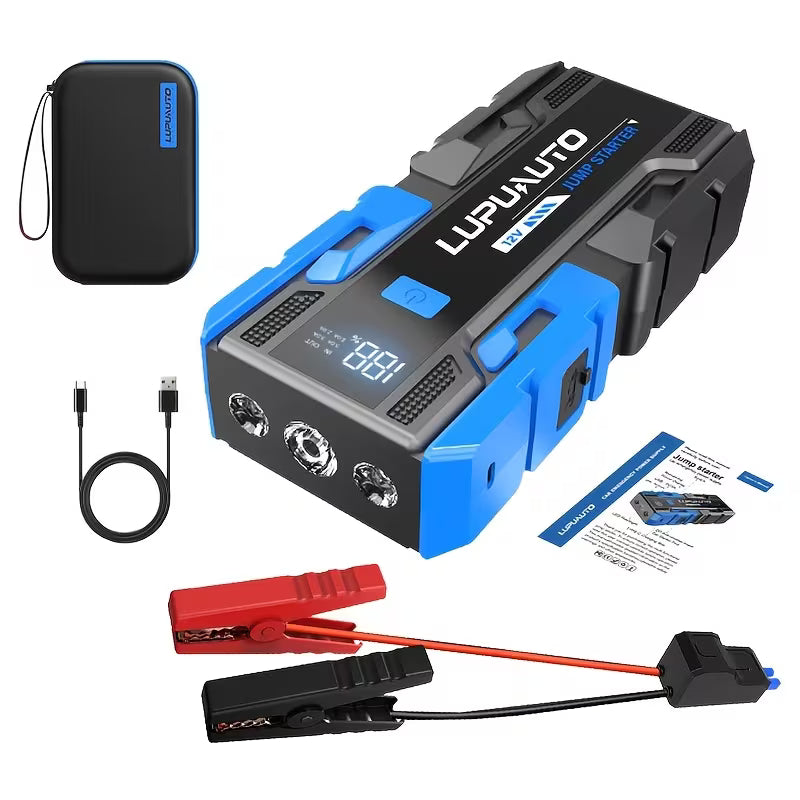 LUPUAUTO battery jump starter with accessories on a white background