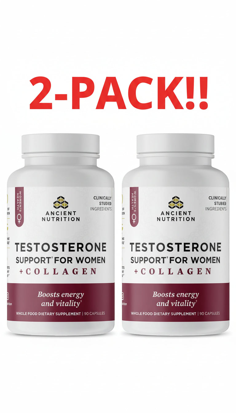 Two bottles of Ancient Nutrition Testosterone Support for Women with Collagen on a white background.