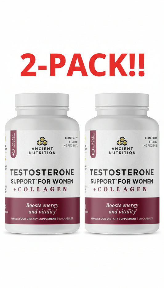 Two bottles of Ancient Nutrition Testosterone Support for Women with Collagen on a white background.