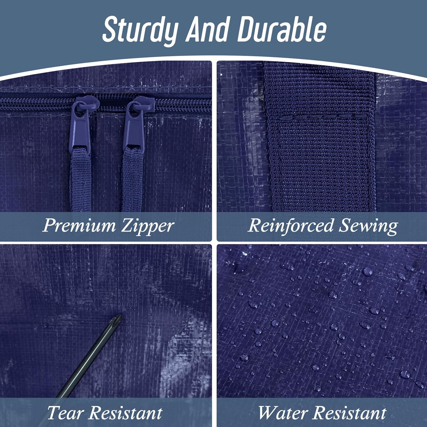 Navy blue bag with text highlighting features like premium zipper, reinforced sewing, tear resistance, and water resistance.