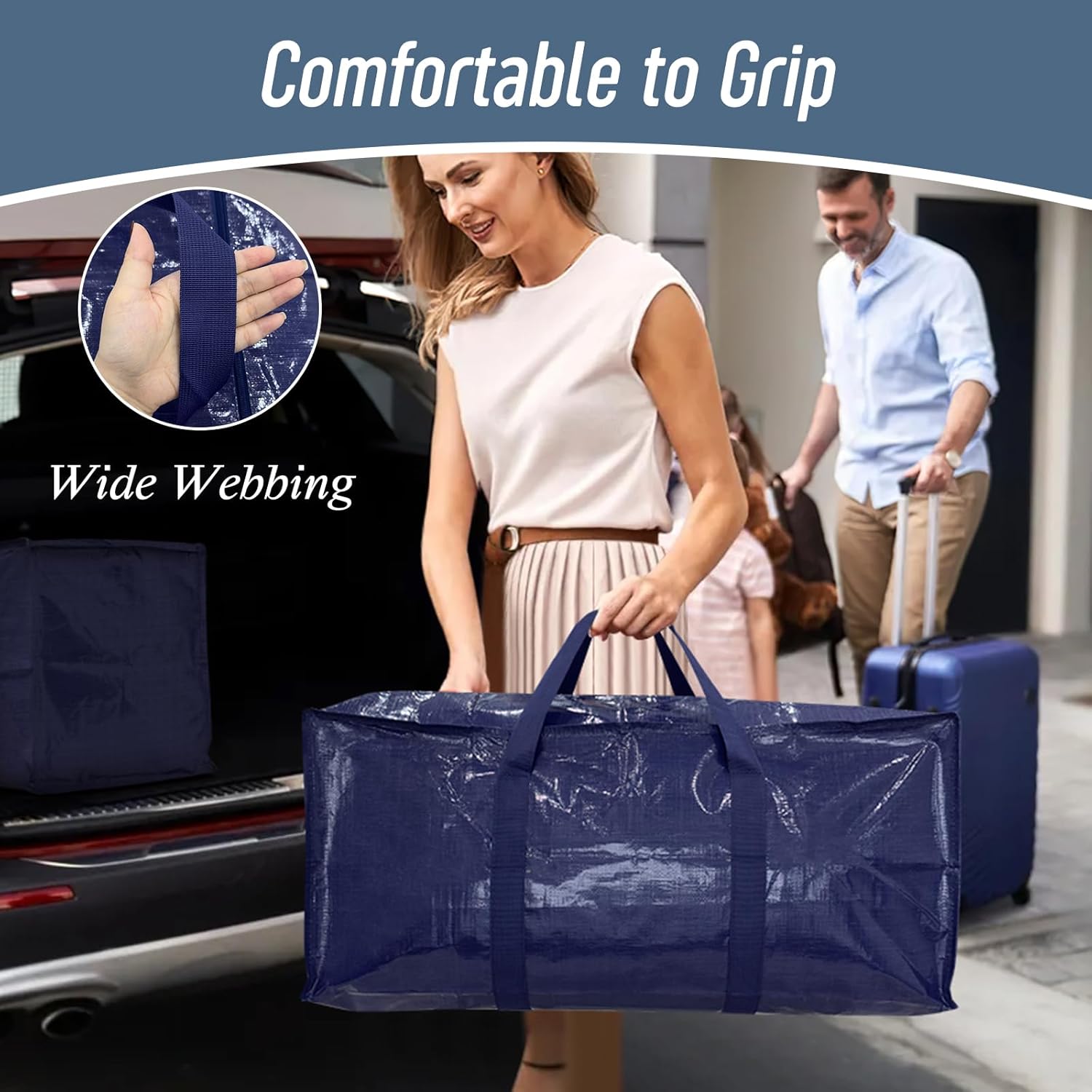 Woman holding a blue carrying bag with text about comfort and wide webbing, with a man and child in the background.