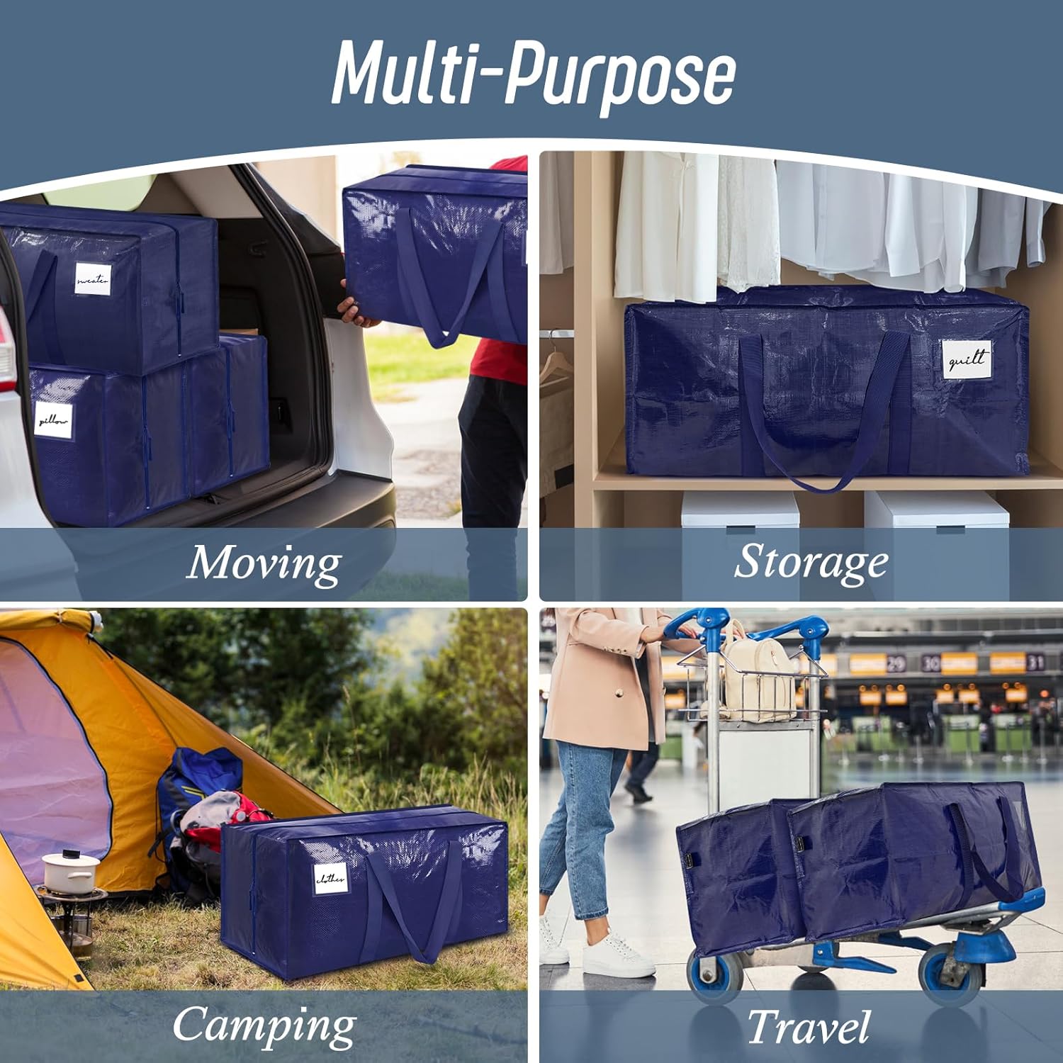 Navy blue storage bags used for moving, storage, camping, and travel with text labels.