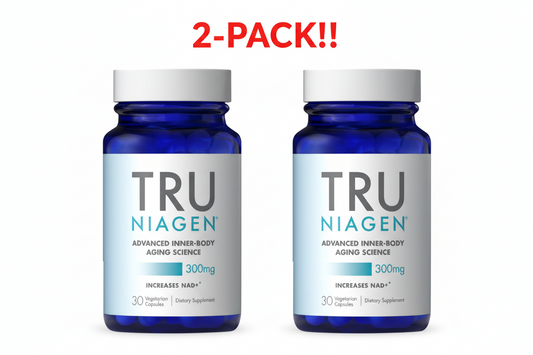 Two bottles of TRU NIAGEN supplements with a '2-Pack!' label on a white background.