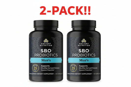 Two bottles of Ancient Nutrition SBO Probiotics for men on a white background with '2-Pack!' text.