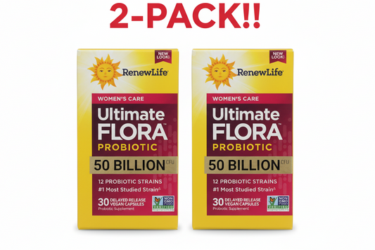 Two boxes of Renew Life Ultimate Flora Probiotic on a white background with '2-Pack!' text.