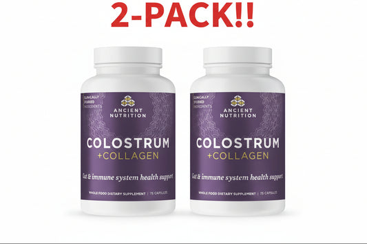 Two bottles of Ancient Nutrition Colostrum + Collagen on a white background with '2-Pack!' text.