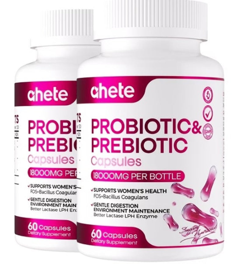 Two bottles of chete Probiotic & Prebiotic Capsules on a white background