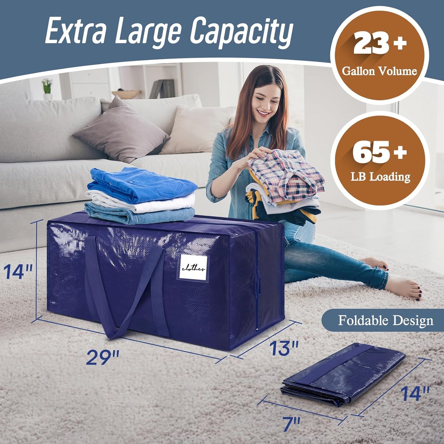 Woman organizing clothes next to a large blue storage bag with capacity details in a living room.