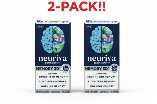 Two bottles of NEURIVA Memory 3D 30ct standing side-by-side to highlight the Double Pack offer.