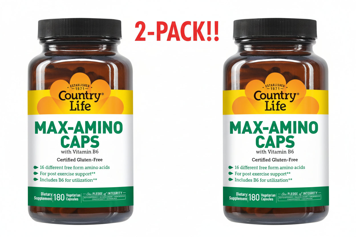 Two bottles of Country Life Max-Amino Caps with Vitamin B6 on a white background.