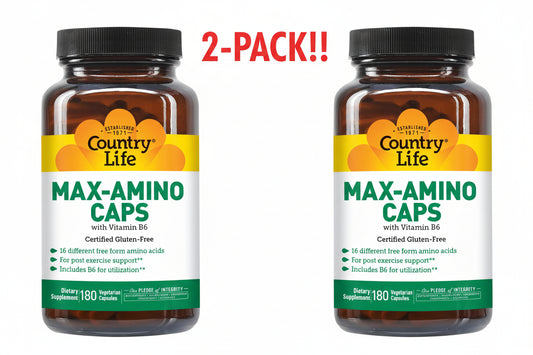 Two bottles of Country Life Max-Amino Caps with Vitamin B6 on a white background.