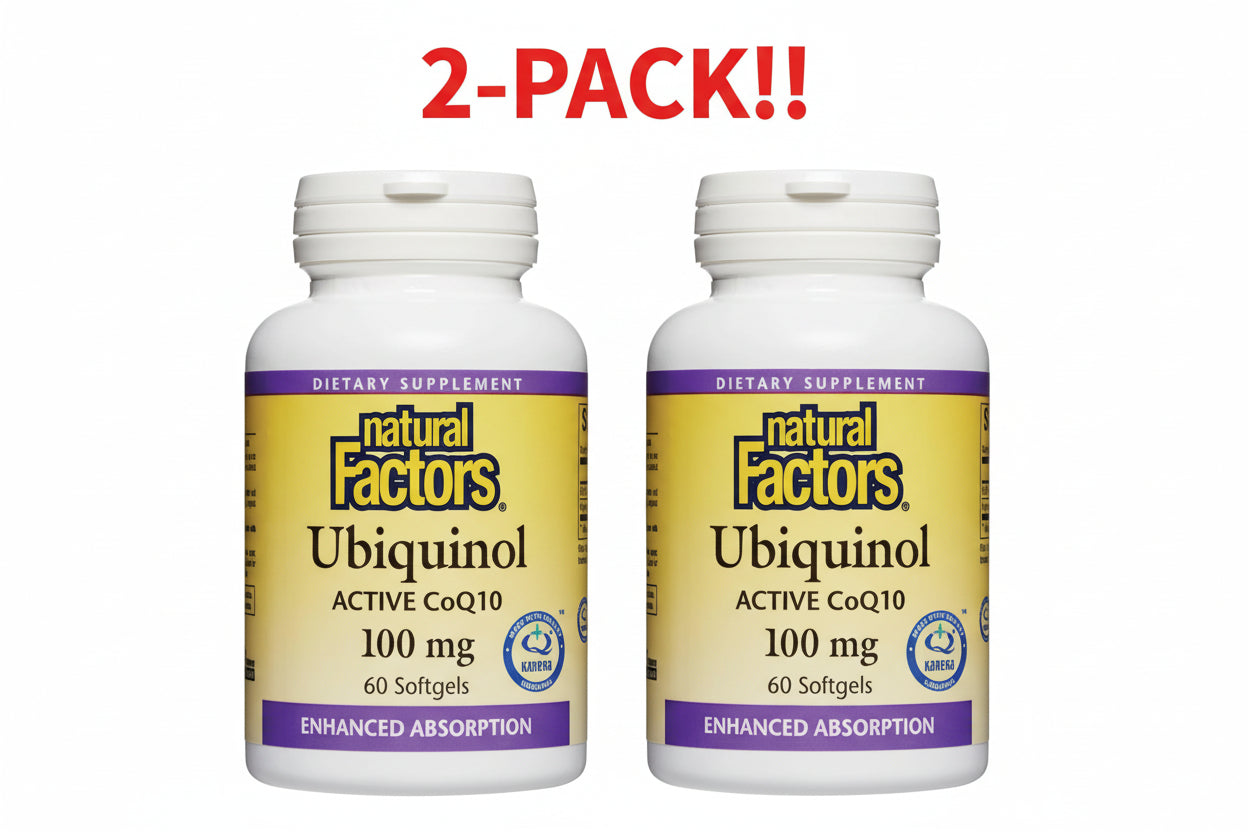 Two bottles of Natural Factors Ubiquinol 100 mg displayed side-by-side to showcase the Double Pack bundle and 4-month supply.